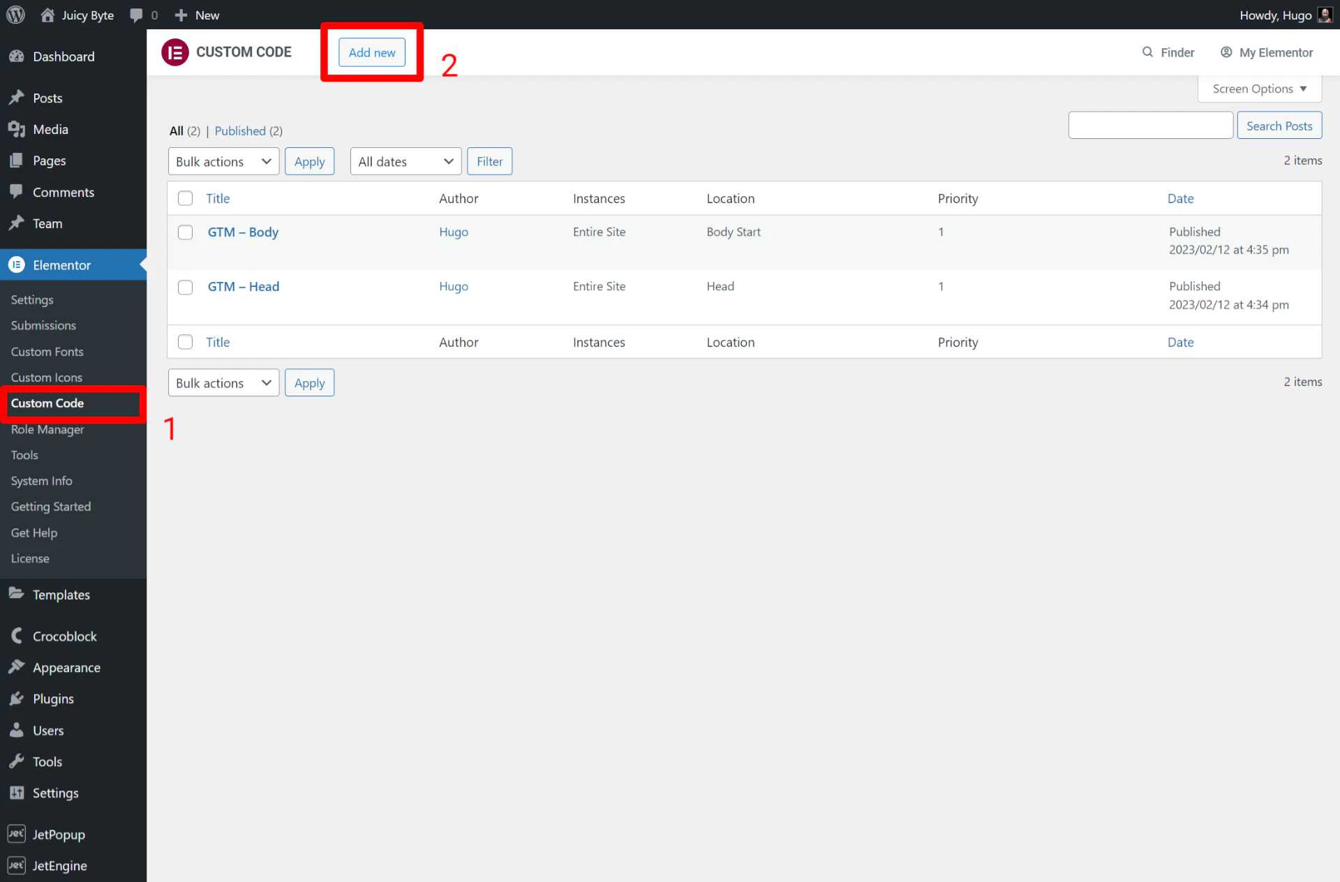 gtm elementor custom code